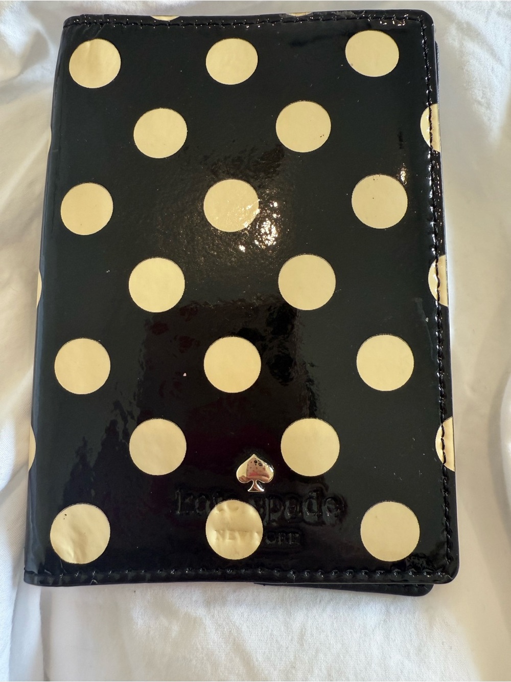 Kate Spade Black Patent Polka Dot Passport Cover with Cream Dots